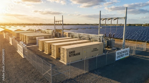 A grid-scale energy storage system positioned adjacent to a photovoltaic solar farm, large battery container units with power conversion hardware arranged in a fenced compound, solar panels visible in