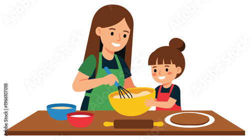 Mother and daughter baking together in kitchen, cooking and preparing food for family.