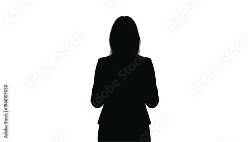 Dark silhouette of a standing female manager facing forward with hands slightly raised in presentation.