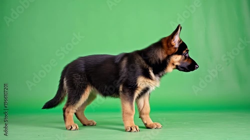 german shepherd puppy sitting on green screen background