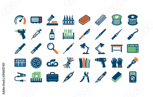 Collection of electronic repair tools and components for technical work