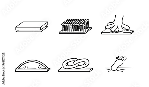 Line vector icons of adhesive surface inspired by gecko feet (nano-hair adhesion): surface block, dense nano fibers, touch cell,