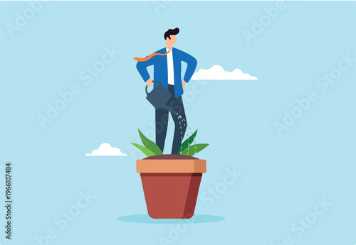 Flat illustration of confident businessman watering himself in plant pot personal development career growth develop skill self improvement