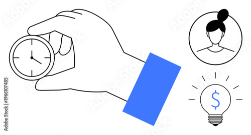 Time management, financial planning, productivity, business efficiency, creative ideas, decision-making. Hand holding a clock, female profile and a lightbulb with a dollar sign. Time and financial