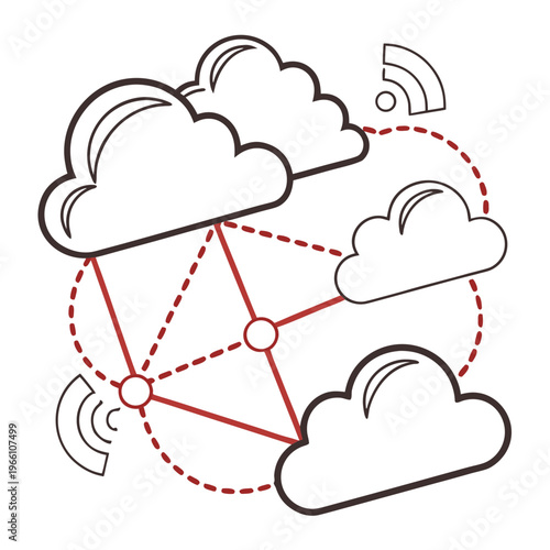 Cloud network with wi- fi symbols and red lines wi-fi