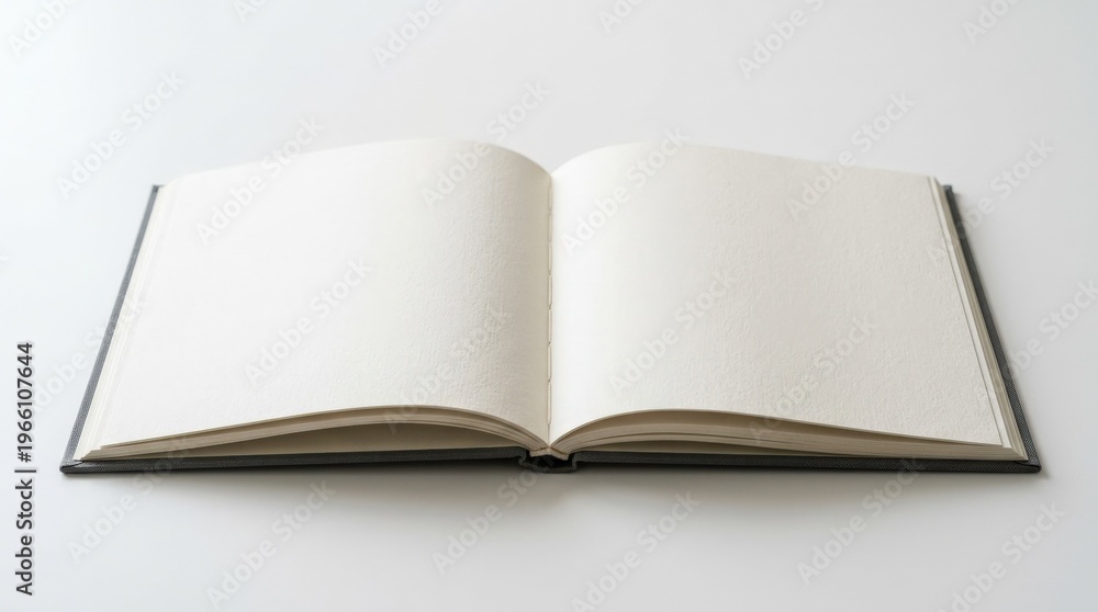 Fototapeta premium A horizontal open book mockup with blank pages on a white background, soft shadows and realistic paper texture, minimal composition for publishing design, shot on Sony A7IV, 85mm lens, f/3.2, 8K\