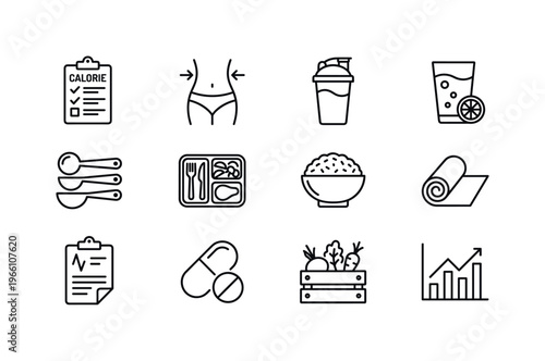 Healthy lifestyle icons for diet, fitness, and nutrition planning