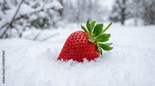 A plump ripe strawberry nestled in a bed of pristine white snow, its vivid red surface and bright green calyx creating a striking chromatic contrast against the cold white ground, a light flurry of