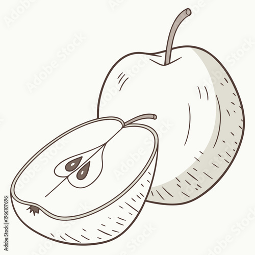 Of a whole and halved pear with stem and leaves fruit whole pear