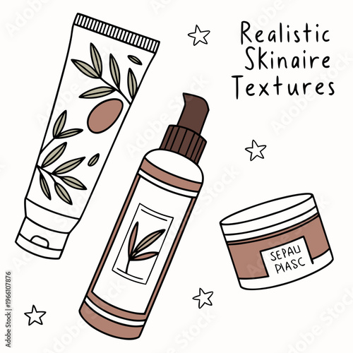 Realistic skincare textures with tubes and bottles on white cream