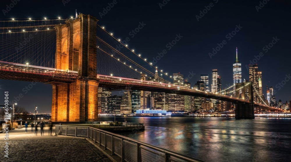 Fototapeta premium The Brooklyn Bridge spanning the East River at night, its iconic Gothic stone towers and suspension cables illuminated by warm amber floodlights reflecting in the dark water below, the Manhattan