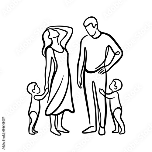 Stylized family with parents and two kids illustrated in line style on white background, Concept of maternal and parental burnout