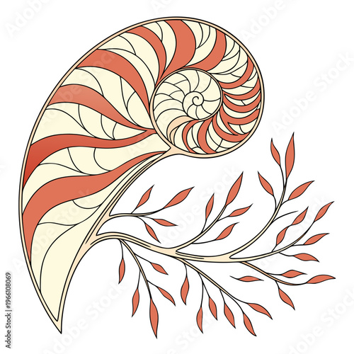 Red and cream nautilus shell with leafy branch spiral white background