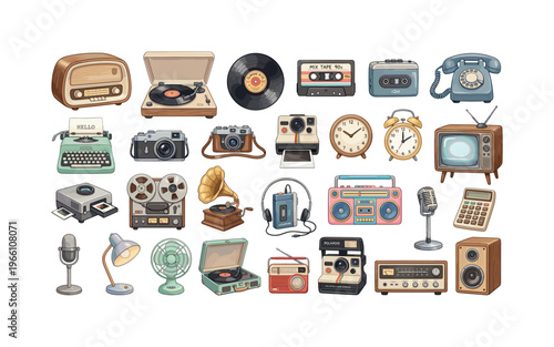 Collection of charming vintage technology and gadgets from past decades