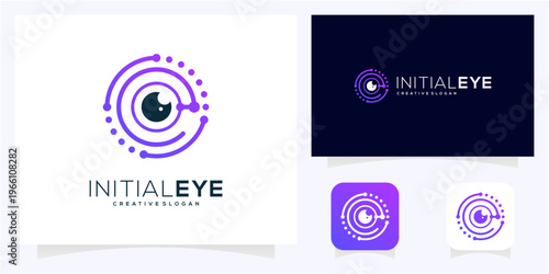 Letter E with Eye and Circuit Tech logo design vector icon symbol.