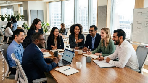 A cheerful group of business professionals in a modern office gathered around a meeting table, bright smiles and engaged postures reflecting a productive and happy team environment, a diverse mix of