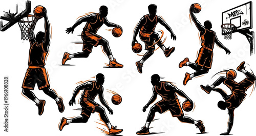 International Street Basketball Styles Black Orange Silhouette Vector