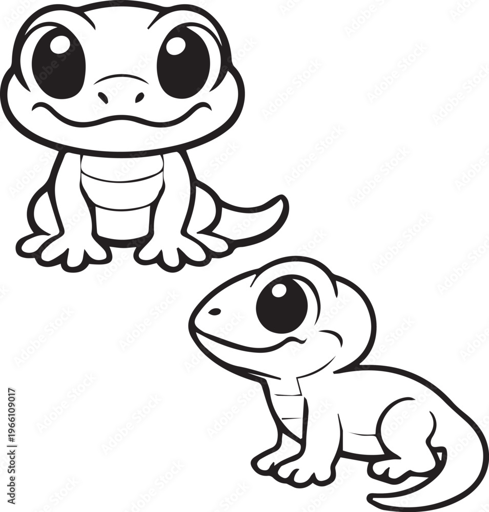 Obraz premium Cute Cartoon Lizard Line Art Reptile Character Vector Set