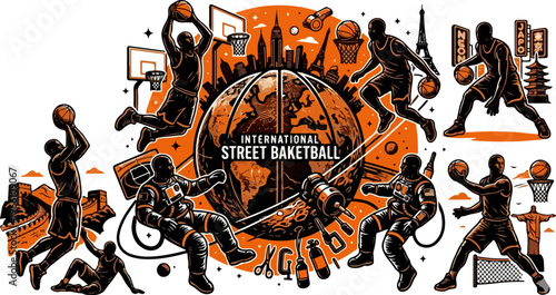 International Street Basketball Styles Black Orange Silhouette Vector