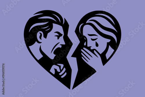 Image shows arguing man and crying woman in bold graphic style on solid background, Concept of divorce, misunderstanding in family.