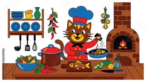 Cute cat chef character cooking fish dish in kitchen with oven and utensils.