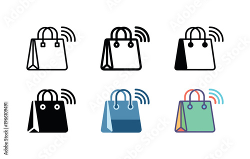 Connected shopping bag icons with wireless signal waves for retail technology