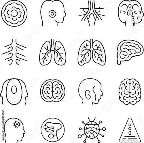 Neurology Brain Anatomy Line Icon Set, Nervous System Head Lungs Neural Network Outline Vector Icons, Editable Stroke UI UX Collection