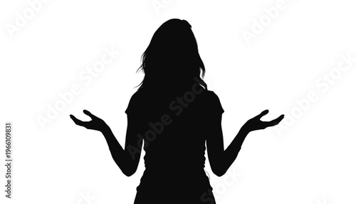 Silhouette of a woman standing facing forward with both hands open in a questioning gesture.