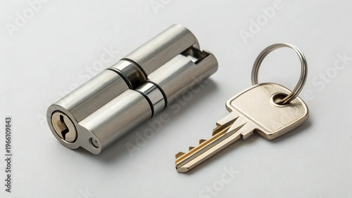 Silver metal door lock cylinder and two keys lying on a clean white background, domestic security concept, property protection.