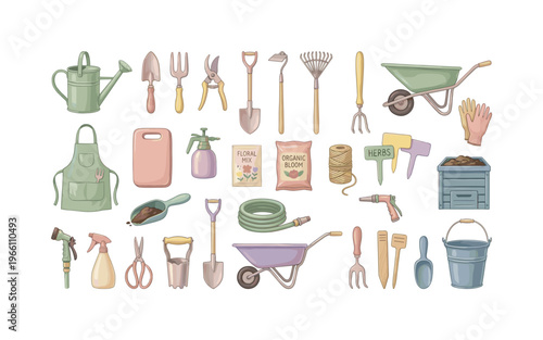Collection of charming garden tools and supplies for a beautiful backyard