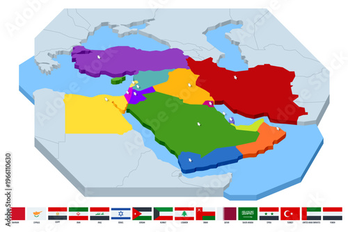 Isometric political map of the Middle East with highlighted countries, borders, national flags. Regional geography concept shows territory, state location, navigation, education and infographic design