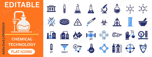 Chemical technology and laboratory research flat icons collection. Test tube, microscope, flask, dna, chemistry, pipette, beaker, science, biohazard, molecule