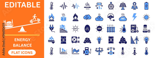 Energy balance and thermodynamics flat icons collection. Power, thermal energy, solar panel, wind turbine, battery, electricity, entropy, fire, engine