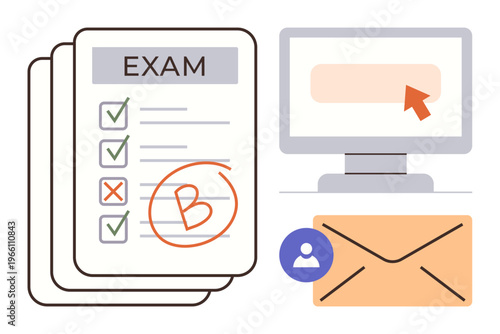 Education, online learning, assessments, grading systems, result notifications, academic progress. Graded test paper with marks, computer screen email envelope with icon. Education and online