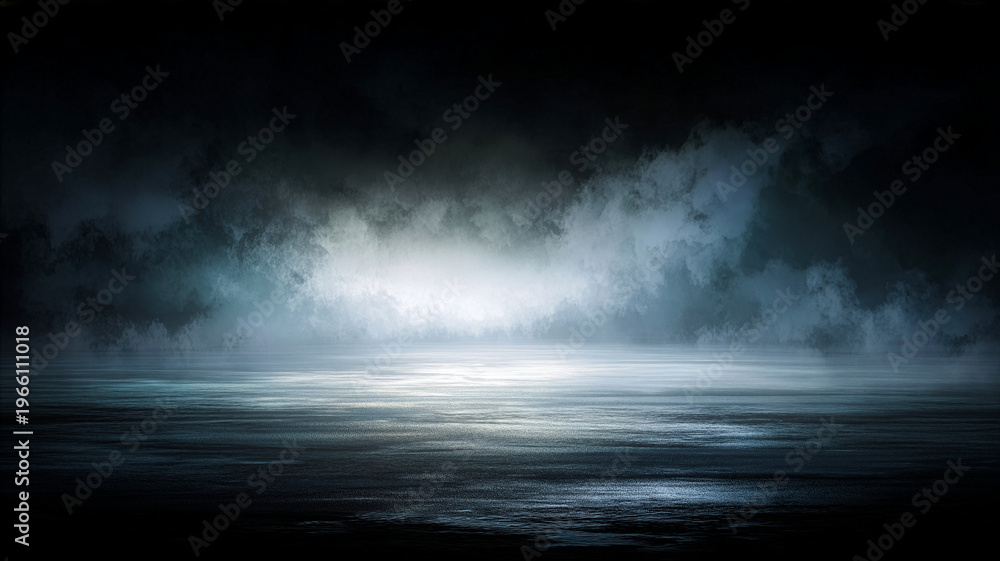 Fototapeta premium Abstract Cinematic Stage Background with Wet Floor and Fog, Mysterious Spotlight Shining Through Smoke on Dark Reflective Surface for Product Presentation and Performance Design