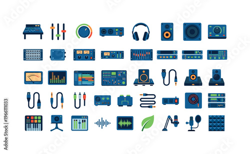 Collection of audio production and mixing equipment icons for music creation