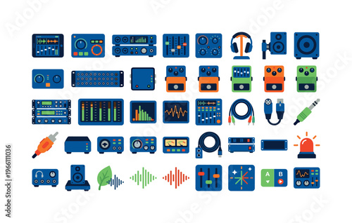 Collection of audio production equipment and accessories in a flat design style