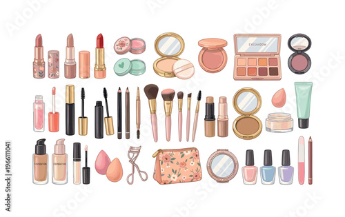 Charming collection of cosmetic products and makeup tools in a delightful illustration