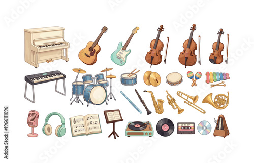 Collection of various musical instruments and audio equipment in a charming illustration style