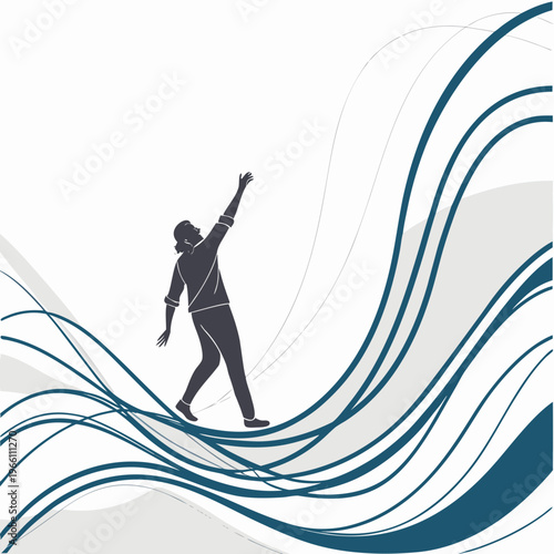 Silhouette reaching up on wavy lines