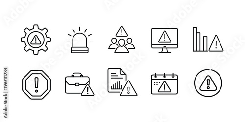 Security alerts and warning signs outline icon set featuring siren light, desktop monitor alert, business briefcase risk, and group notification vector illustration on editable stroke