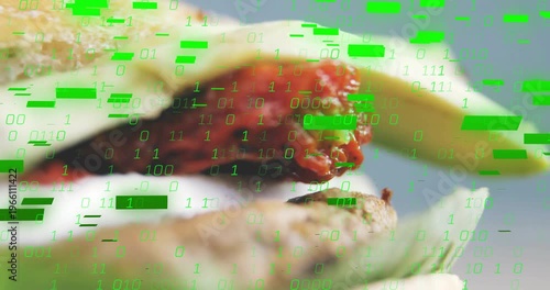 Layered sandwich filling frame, camera panning showing green binary overlay hiding layers for tech