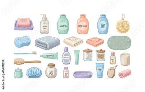Collection of essential bathroom hygiene and personal care items