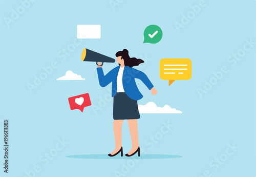 Flat illustration of young woman speak on megaphone for social media promotion symbolizing public relations and marketing