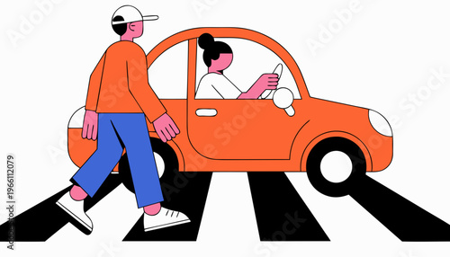 A happy man and woman drive a cartoon vector automobile on a fun road trip, illustrating a smiling driver navigating their vehicle through travel and transportation