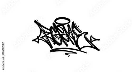 Graffiti tag "ART" with halo, black ink on white background, urban art style
