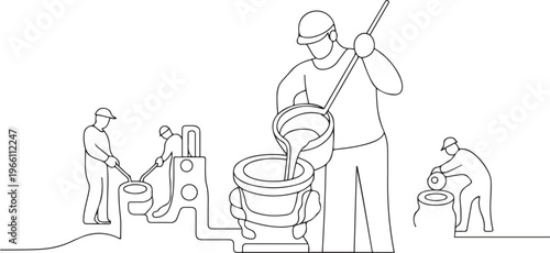 Metallurgists pour hot metal into a mold to produce a finished steel product. Specialists process metals, develop production technologies, one line art icon drawing vector