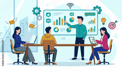 Business team meeting for data analysis and marketing strategy presentation