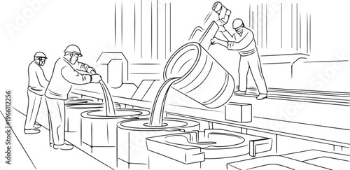Metallurgists pour hot metal into a mold to produce a finished steel product. Specialists process metals, develop production technologies, one line art icon drawing vector