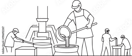 Metallurgists pour hot metal into a mold to produce a finished steel product. Specialists process metals, develop production technologies, one line art icon drawing vector